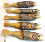 FIVE(5) Hand-carved Wooden Fish All Signed, 4 Leslie P, 1 Tim Jones, K. Fixed Price $89.30.