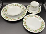 Vintage China Pearl Christmas Noel Holly Berry 5PC Dinnerware Set Plate Bowl Cup. Fixed Price $24.00.