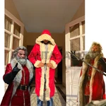 Mens Red Christmas Santa Claus Kurt Russel Faux Hooded Shearling Fur Strip Coat. Fixed Price $169.99.