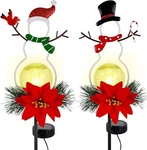 2PK Christmas Yard Stakes 31" Solar Led Lighted Metal Snowman Poinsettia Lights. Fixed Price $9.91.