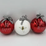 4 Round Christmas Ball Ornaments Red White Bee Happy Merry Buffalo Bow Glossy. Fixed Price $24.99.