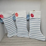 Set Of 3 Cozy Striped Knit Holiday Christmas Stockings Blue White Poms. Fixed Price $18.26.
