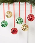 Holiday Lane Christmas Cheer Shatterproof Red, Green & Gold Tone 6 Set Ornaments. Fixed Price $20.00.