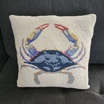 Blue Crab Coastal Sealife Hooked Wool Pillow Handwork Square 16"X16". Fixed Price $21.95.