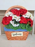 Summer Welcome Sign With Geraniums In Picnic Basket By Valerie Parr Hill. Fixed Price $24.98.