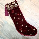 Sudha Beaded Christmas Stocking Red Gold Crushed Velvet Tassels Floral Sequins. Fixed Price $66.00.