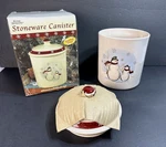 Royal Seasons Holiday Snowmen Stoneware Canister Cookie Jar In Box. Fixed Price $17.39.