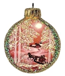 Gold Christmas Ball W/snowy Sleigh Ride Scene * Glitter Ornament Vtg Img. Fixed Price $10.50.