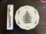 Spode Christmas Tree Porcelain Cheese Trivet Dish Plus Knife New No Box. Fixed Price $20.00.