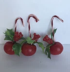 Vintage Christmas Ornament Cherry Holly Candy Cane Hard Plastic Lot 3 Red Green. Fixed Price $8.00.