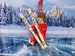 Hand Painted Wooden Christmas Ornament Boy With Alpine Skis Skiing. Fixed Price $10.00.