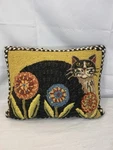Vtg Peking Handicraft Penny Flower Cat Hooked Wool 14"X18" Lumbar Pillow Euc. Fixed Price $39.99.