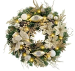 Pre-lit 24" Champagne Gold Christmas Wreath With Ornaments, Poinsettia & 30 Led. Fixed Price $110.86.