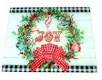 Glass Cutting Board Christmas Joy Wreath Ornaments Buffalo Plaid Trivet 12" X15". Fixed Price $15.15.