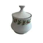 China Pearl Noel Sugar Bowl White Lid Gold Rim Christmas Holly Berry Fine. Fixed Price $8.50.