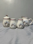 Vtg 4 Salt & Pepper Creamer Sugar Set Snowmen Royal Season Stoneware Christmas. Fixed Price $9.99.