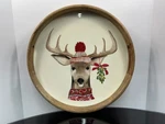 Holiday Deer Serving Tray Round Wood Trim W/ Christmas Buck Illustration. Fixed Price $5.66.