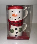 Hallmark Christmas Snowman Mugs Set 2 Stackable White Red Ceramic Coffee Cup. Fixed Price $9.99.