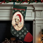 Poodle Christmas Stocking Woven Tapestry Signed Linda Picken Green Red Hat 21". Fixed Price $21.00.