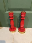 Pair Of Vintage Bright Red Gold Candlesticks: Holders Wooden Holiday. Fixed Price $16.00.