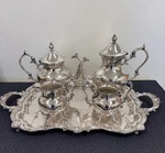 Birmingham Silver Co. On Copper 5 Piece Tea Set W/sol Goldfeder Tray. Fixed Price $189.99.