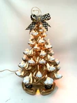 Gold Ceramic Tabletop Christmas Tree W/snow Mackenzie Childs Ribbon. Fixed Price $250.00.