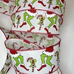 Grinch Green Christmas Monster Legs Candy Cane Wired Ribbon 2.5"X10YDS. Fixed Price $14.99.