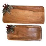 Wood Serving Tray Metal Holly Berries Set Of 2 Christmas Holiday Decor Farmhouse. Fixed Price $49.97.