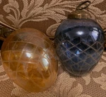 Two Heavy Etched Glass Christmas Kugels Midwest Gold And Blue Rare. Fixed Price $39.00.