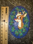 Vtg Rudolph The Red Nosed Reindeer Oval Christmas Ornament W/pointsettia Flower. Fixed Price $9.00.