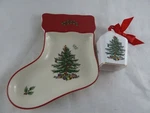 Spode Christmas Tree Stocking Shape Candy Dish 7" With Square Bell Ornament. Fixed Price $18.88.