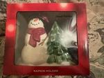 St. Nicholas Square Yuletide Snowman Tree Christmas Napkin Holder, New Open Box. Fixed Price $27.50.