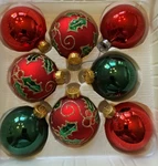Michaels Sparkling Creations 1 Box 8 Glass Bulb Ornaments Green Red Leaf Design. Fixed Price $7.99.