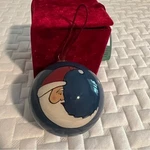 Christmas House Hand Painted Blue Glass Ball Santa Moon Stars Ornament Red Box. Fixed Price $12.00.