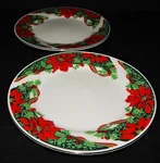 2 Holiday Dessert Salad Plates Gibson Christmas Holly Ribbon Poinsettias 1997. Fixed Price $28.00.