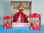 Lot Of 3- 2015 Holiday Barbie, Blonde Red Dress, #CHR76 & Matching Ornaments. Fixed Price $37.00.
