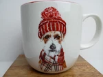 William Sonoma Coffee Mug 16OZ Winter Christmas Jack Russell Dog Red Interior. Fixed Price $24.00.