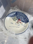 Thomson Pottery Snowman Dinner Plates 10 Set Of 8 Blue Sponge Winter. Fixed Price $20.00.