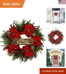 20-INCH Handmade Christmas Wreath With Poinsettia & Eucalyptus For All Seasons. Fixed Price $46.79.