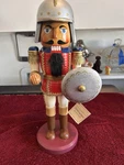 Vintage 10-INCH Wooden Roman Soldier Nutcracker Holding Shield.. Fixed Price $22.95.