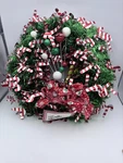 New Vtg 12" Christmas Holiday Winter Tinsel Wreath Candy Canes Green & Red. Fixed Price $15.00.