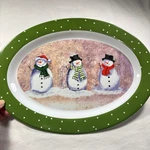 Christmas Melamine Three Snowmen Plate 14" X 10" Greenbrier Cookies Snacks. Fixed Price $9.99.