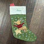Rare Nwt Pottery Barn Crewel Reindeer Comet Green Christmas Stocking Mono Anne. Fixed Price $24.50.