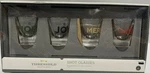 New - 4 Christmas Holiday Shot Glasses Noel, Joy, Merry, Cheer By Threshold. Fixed Price $5.90.