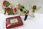 5 Dog Christmas Tree Ornaments - Vtg Wood Kurt Adler 1989, Plush, Angel, Frame. Fixed Price $12.99.