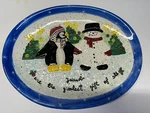 Christmas Penguin Platter Julie Ueland 746673 Snowman Trees 14.5 X11.25. Fixed Price $30.00.
