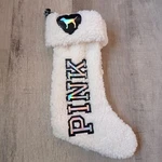 Pink Victorias Secret Fluffy White Sherpa Spellout Logo Christmas Stocking Plush. Fixed Price $8.58.