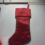 Red Christmas Stocking With Swirl Cuff And Striped Body, Festive Holiday Decor. Fixed Price $14.45.