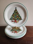 Set Of 4 Lynns Stoneware Christmas Tree Holiday Multicolor 10-1/2" Dinner Plates. Fixed Price $35.99.