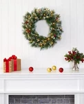 Nearly Natural Frosted 24" Swiss Pine Artificial Wreath With Lights And Berries. Fixed Price $33.00.